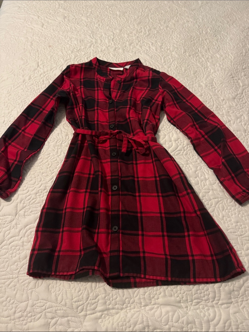 The Children's Place Red and Black Plaid Button-Up Dress with Tie Waist